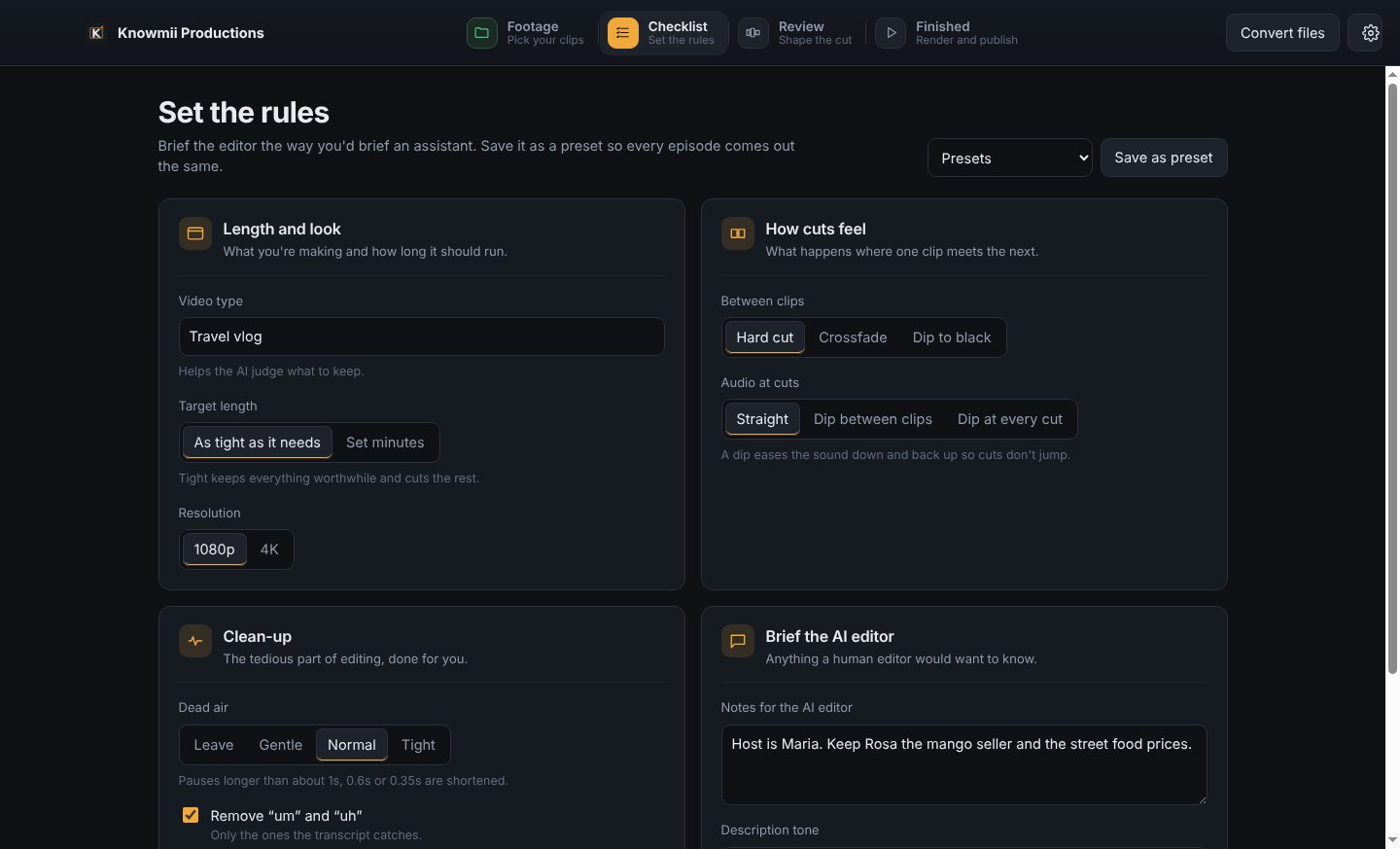 The checklist screen with video type, target length, resolution, cuts, clean-up and notes for the AI editor.