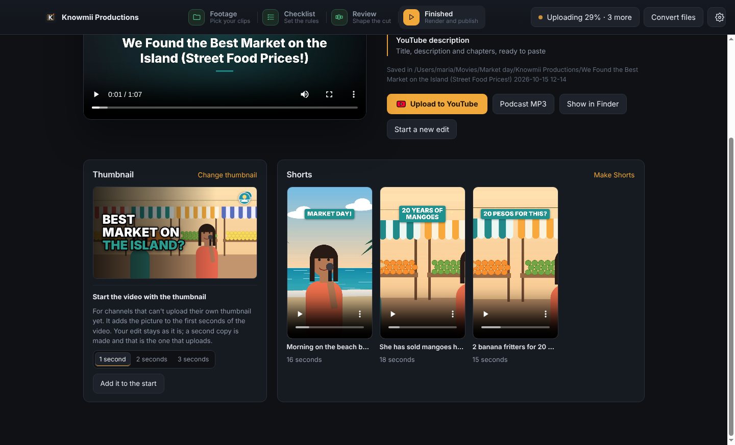 The Finished screen's thumbnail and Shorts: the market thumbnail and three vertical Shorts with headlines, each ready to play.