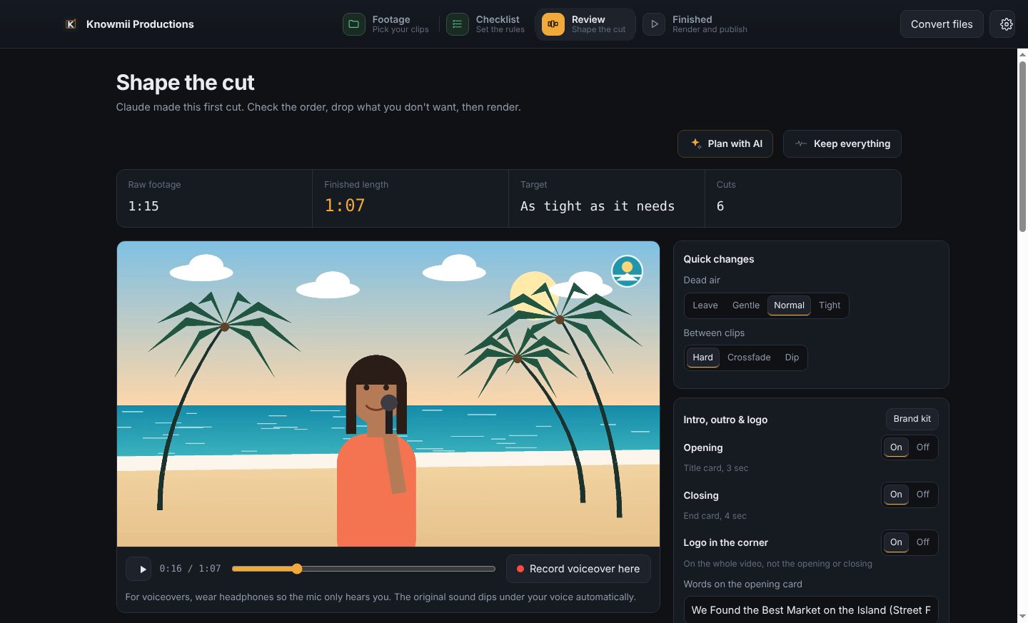 The preview player showing the beach scene with the channel logo in the corner, next to settings for the opening card, closing card and logo.