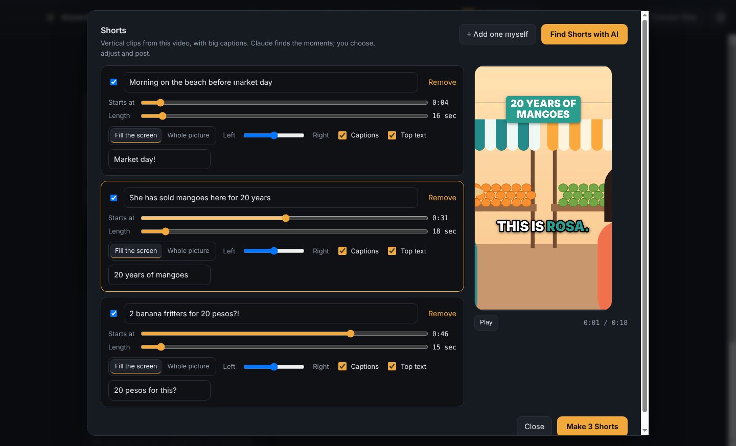 The Shorts maker: three Shorts with titles and start times, and a phone preview with the headline 20 YEARS OF MANGOES and live captions.