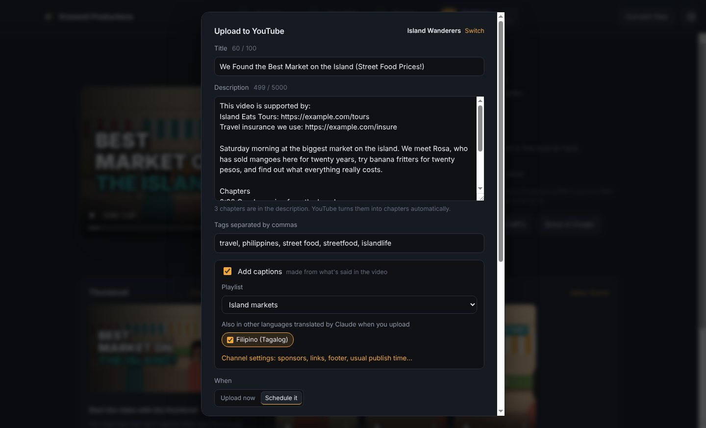 The YouTube upload form with sponsor links at the top of the description, chapters, tags, captions and a playlist.